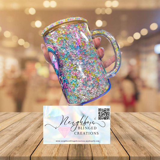 #6 - 16 Oz. Glass snow globe mug, with rhinestones filled in and custom bedazzled lid.