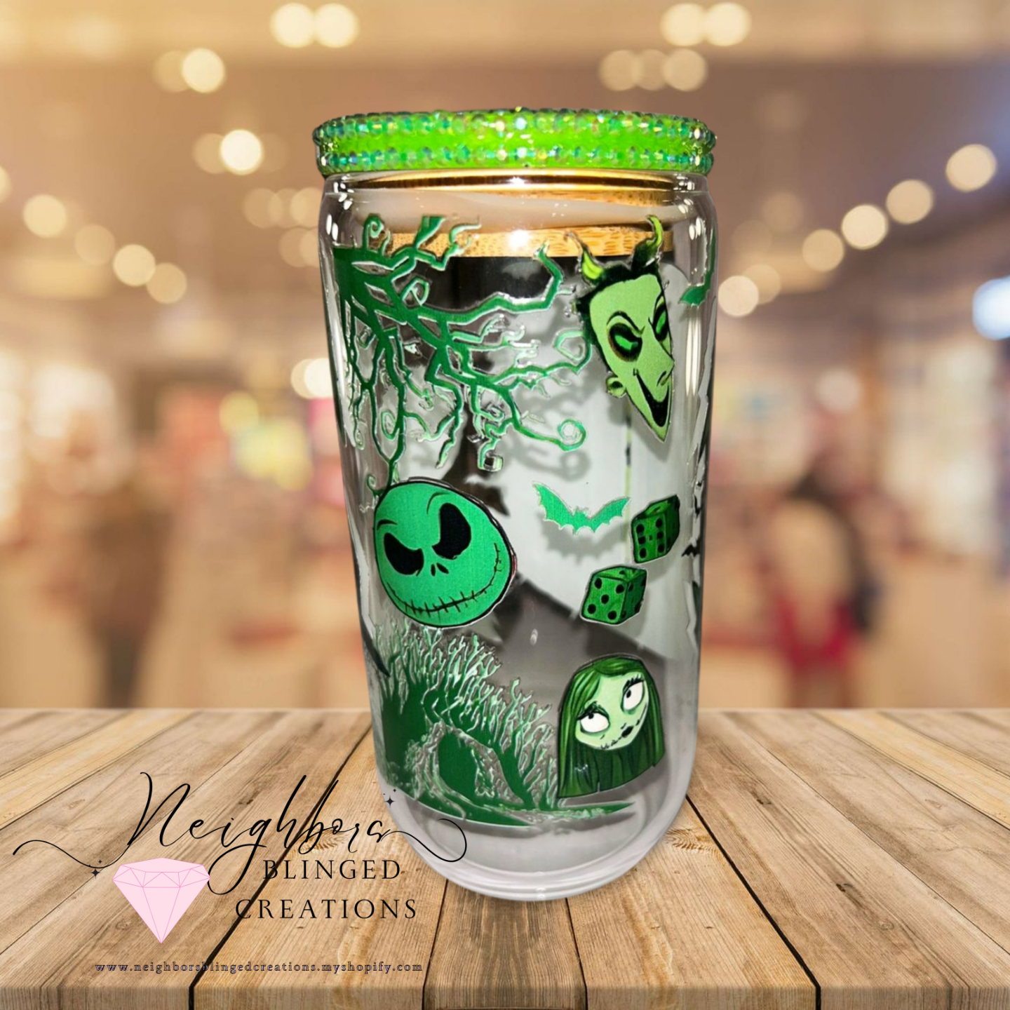 12oz Glass Neon Green Halloween Edition W/Custom bedazzled lid