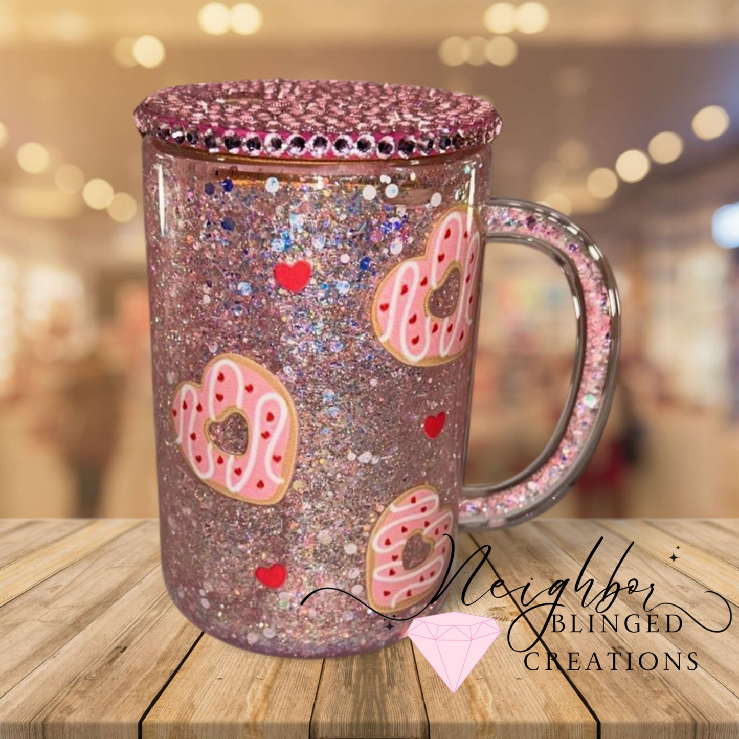 15oz Glass Snowglobe Mug Valentines Doughnuts