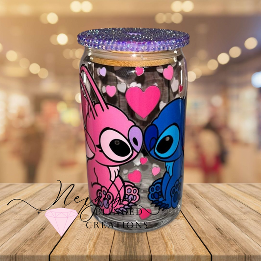 12 oz Glass Valentines Hearts N W love Character’s  w Bedazzled Lid