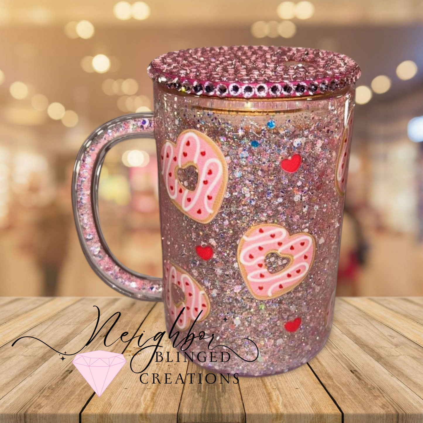 15oz Glass Snowglobe Mug Valentines Doughnuts
