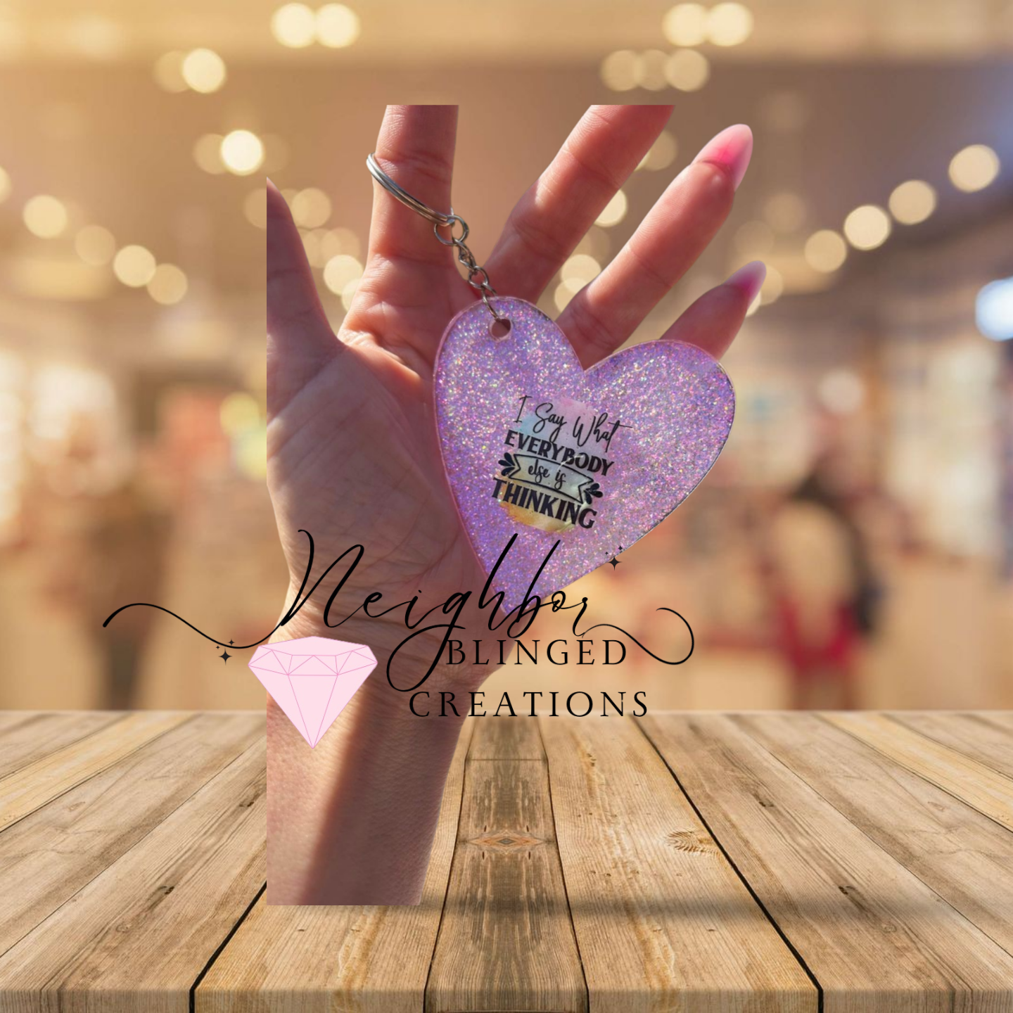Acrylic Heart Light Pink Glitter- I say what everyone else is thinking Keychain