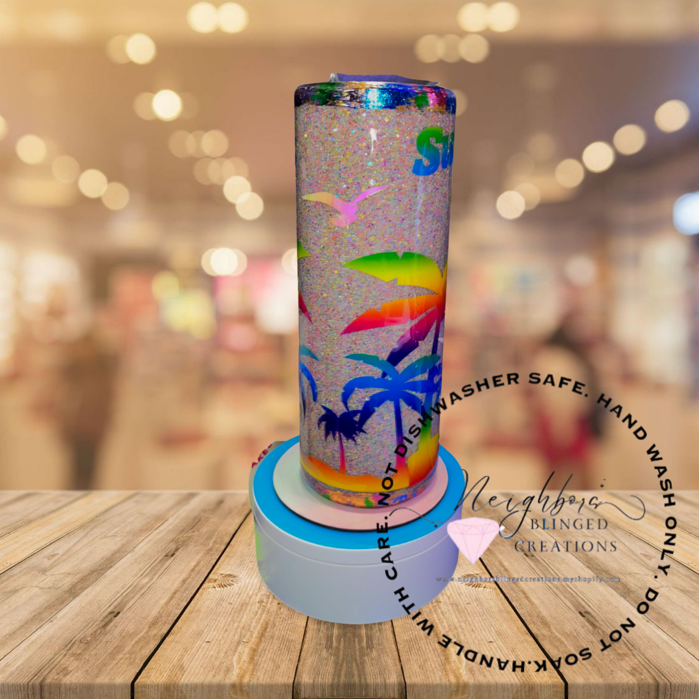 #5 - 20oz Full Neon Glittered Summer Vibes Sandy Beach themed Tumbler
