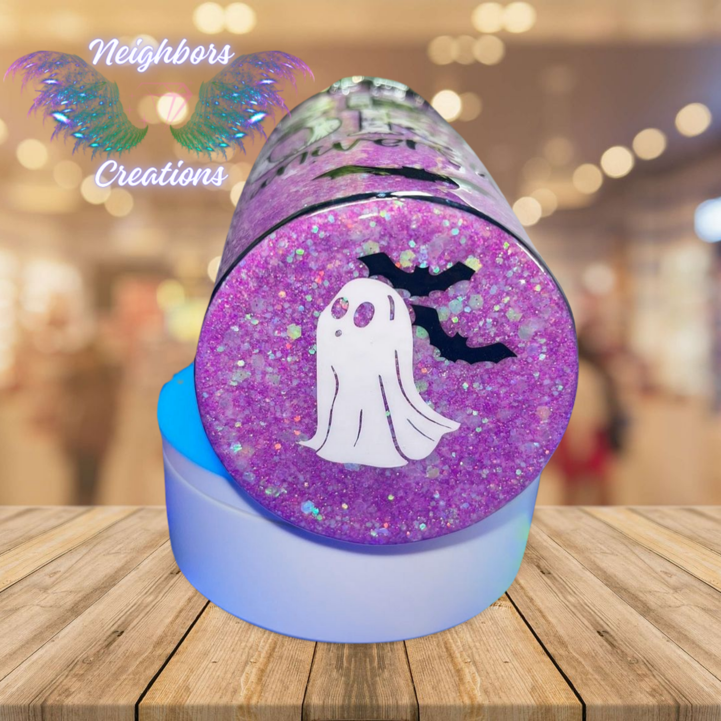 20 OZ DBL INS Purple Glittered Spooky University Bats N Ghosts Custom Hand Made Tumbler