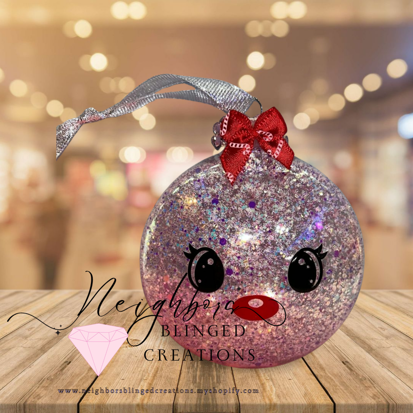 Large round desk, reindeer Christmas ornament with custom bow and rhinestones