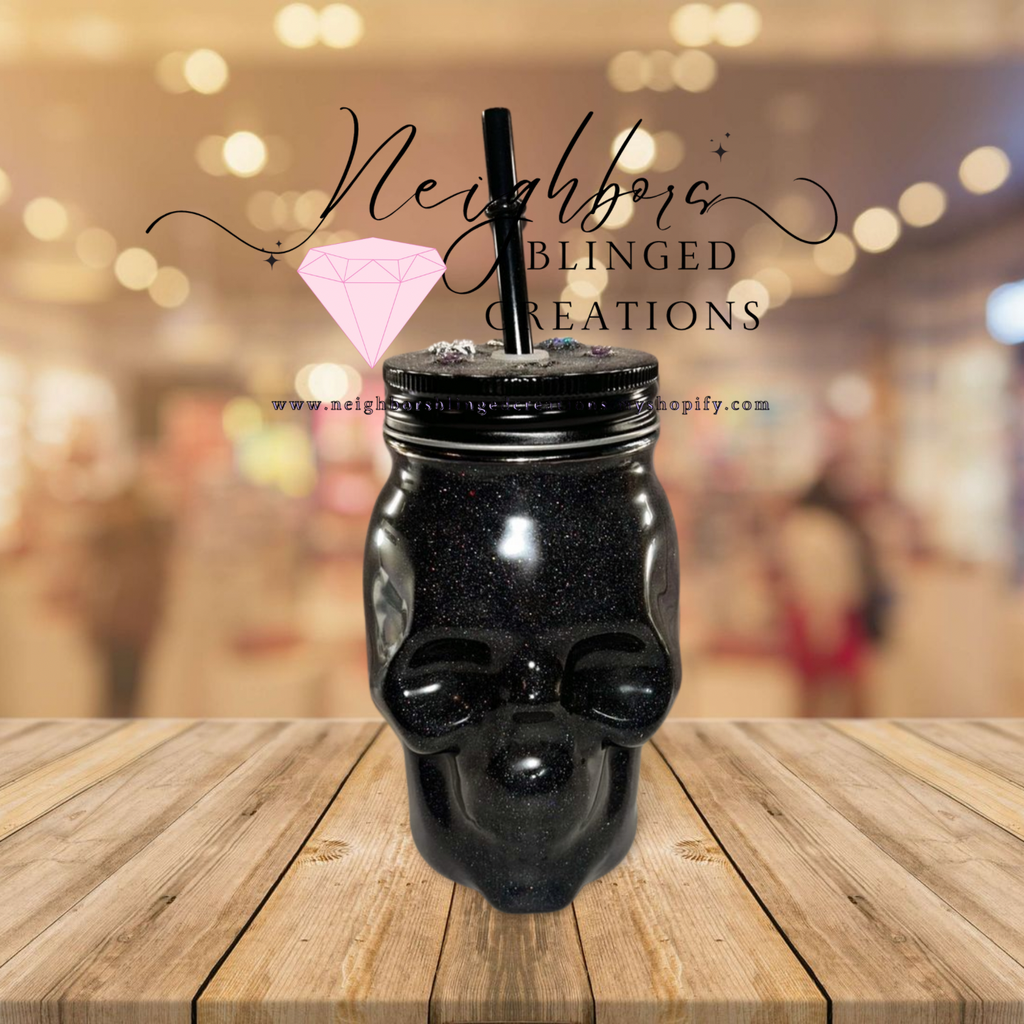 12oz Glass Cup W custom Decal W/Custom Lid Black SKULL