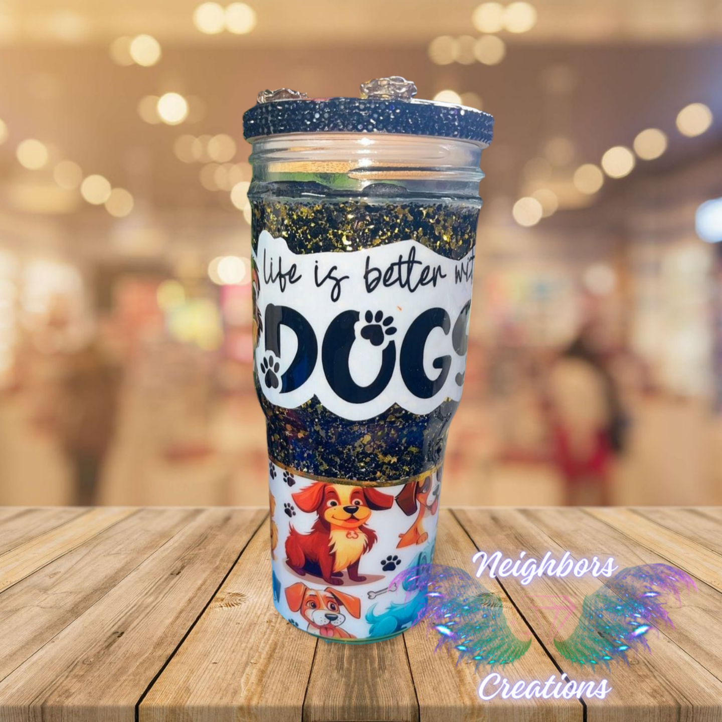 30 OZ Glass DBL INS Dog Lovers Cup With Bedazzled Lid
