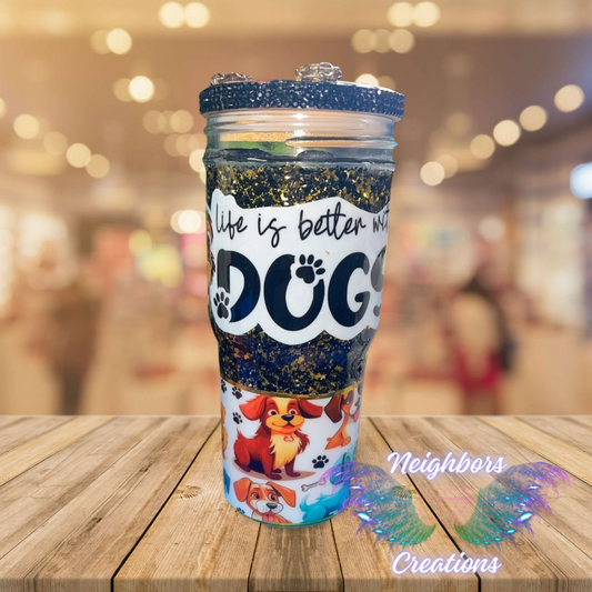 30 OZ Glass DBL INS Dog Lovers Cup With Bedazzled Lid