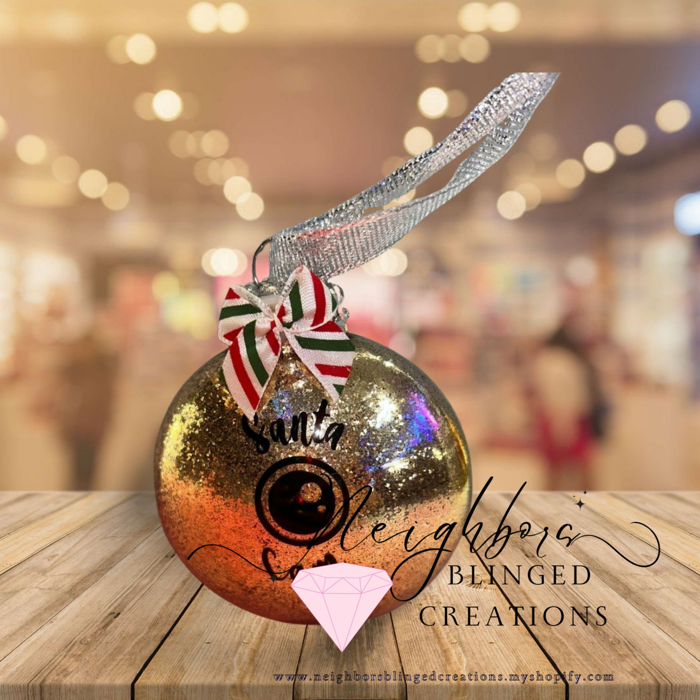 Gold glitter SANTA CAM CHRISTMAS ORNAMENT WITH CUSTOM BOW AND RHINESTONE