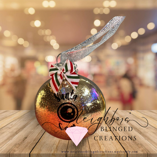 Gold glitter SANTA CAM CHRISTMAS ORNAMENT WITH CUSTOM BOW AND RHINESTONE
