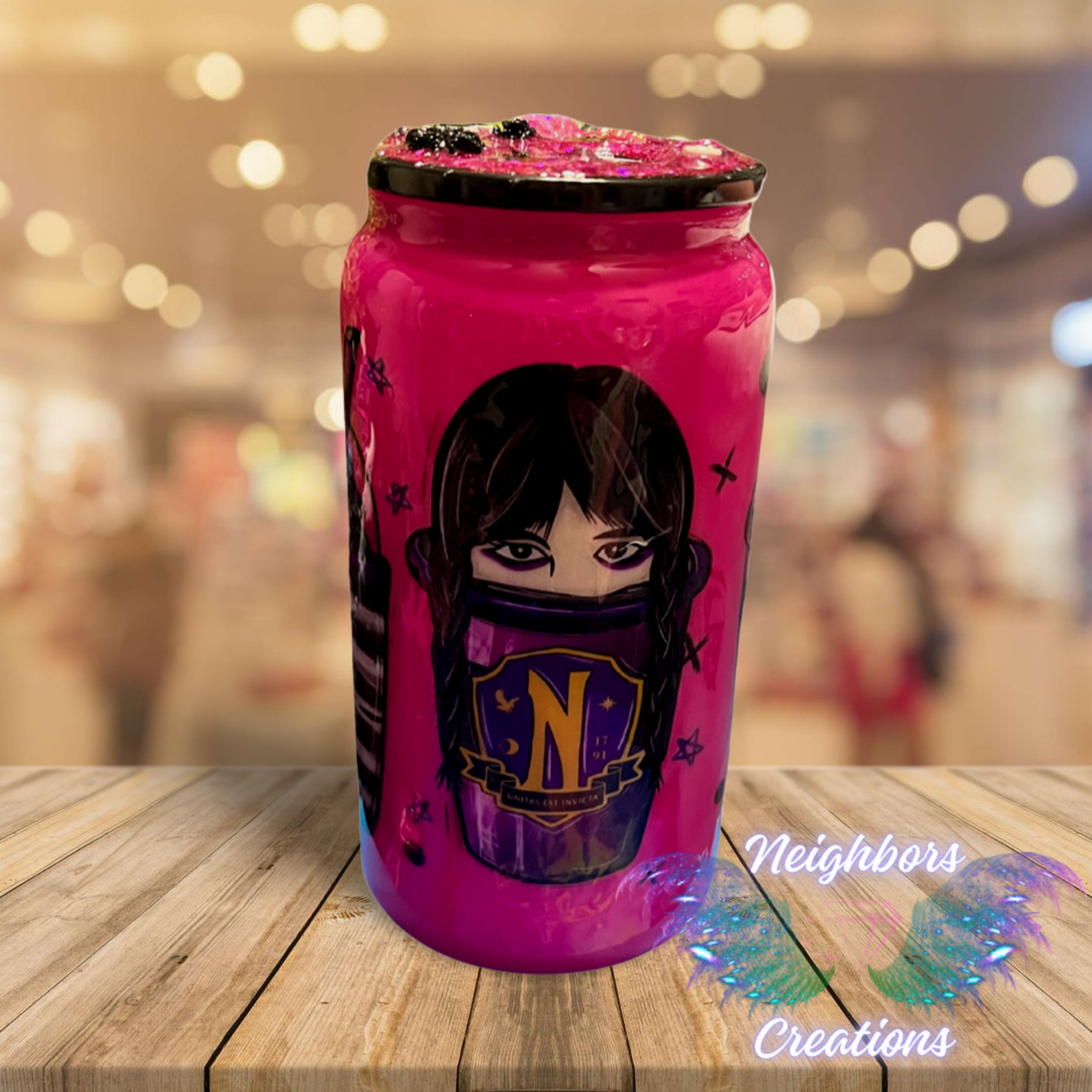 10oz Pink Wednesday Glass Cup w custom acrylic lid