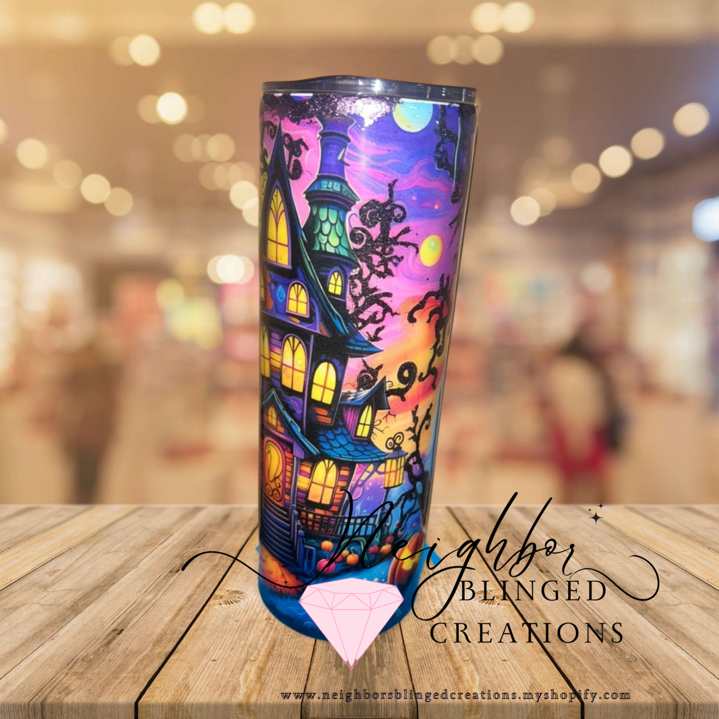 Handcrafted 20 ounce stainless steel double insulated spooky haunted house what’s sparkly trees Tumblr￼