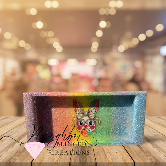 Easter Bunny Themed Wooden Tray With Colorful Spring Glitter