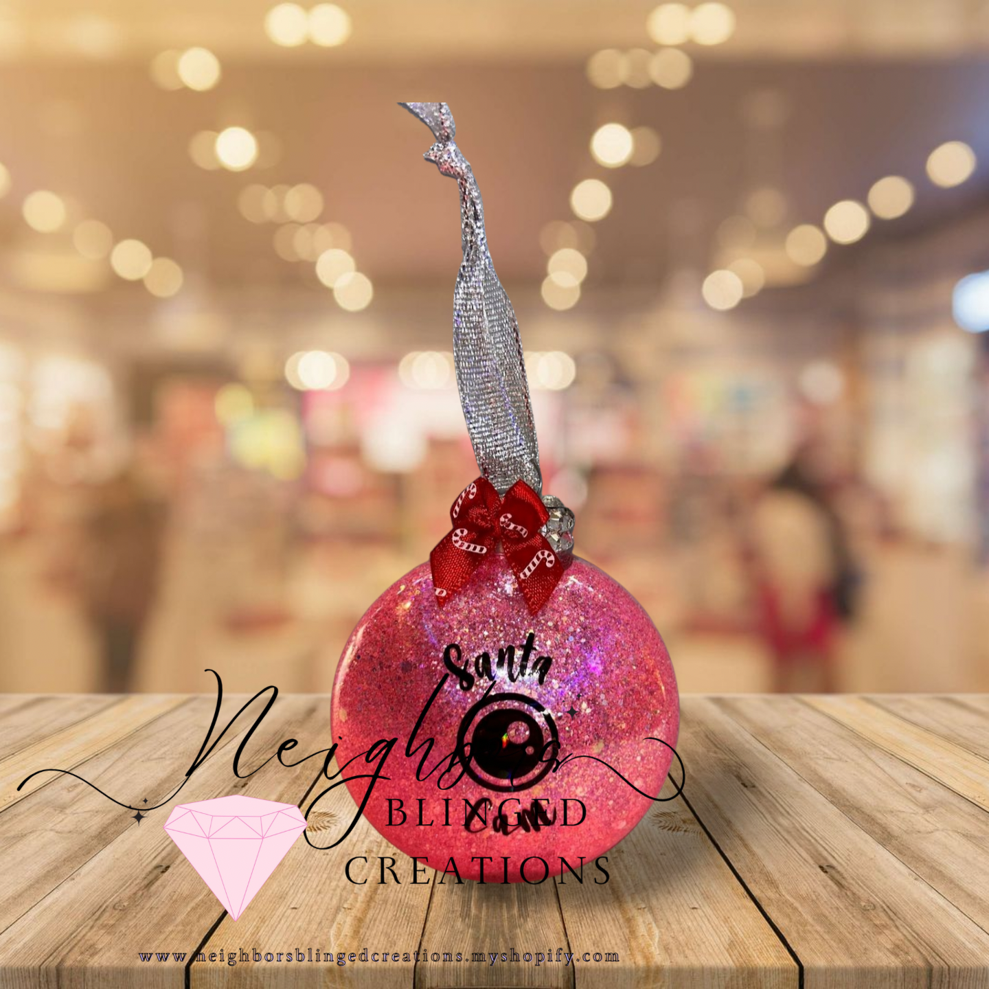 Red glitter SANTA CAM CHRISTMAS ORNAMENT WITH CUSTOM BOW AND RHINESTONE