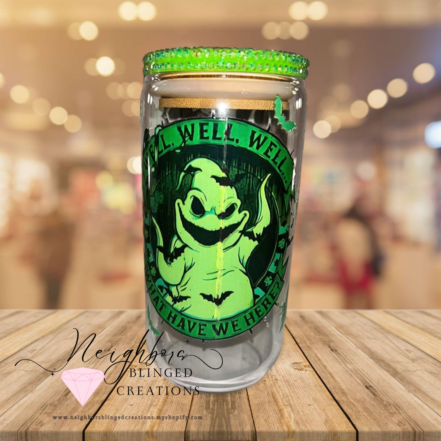 12oz Glass Neon Green Halloween Edition W/Custom bedazzled lid