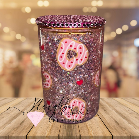 15oz Glass Snowglobe Mug Valentines Doughnuts