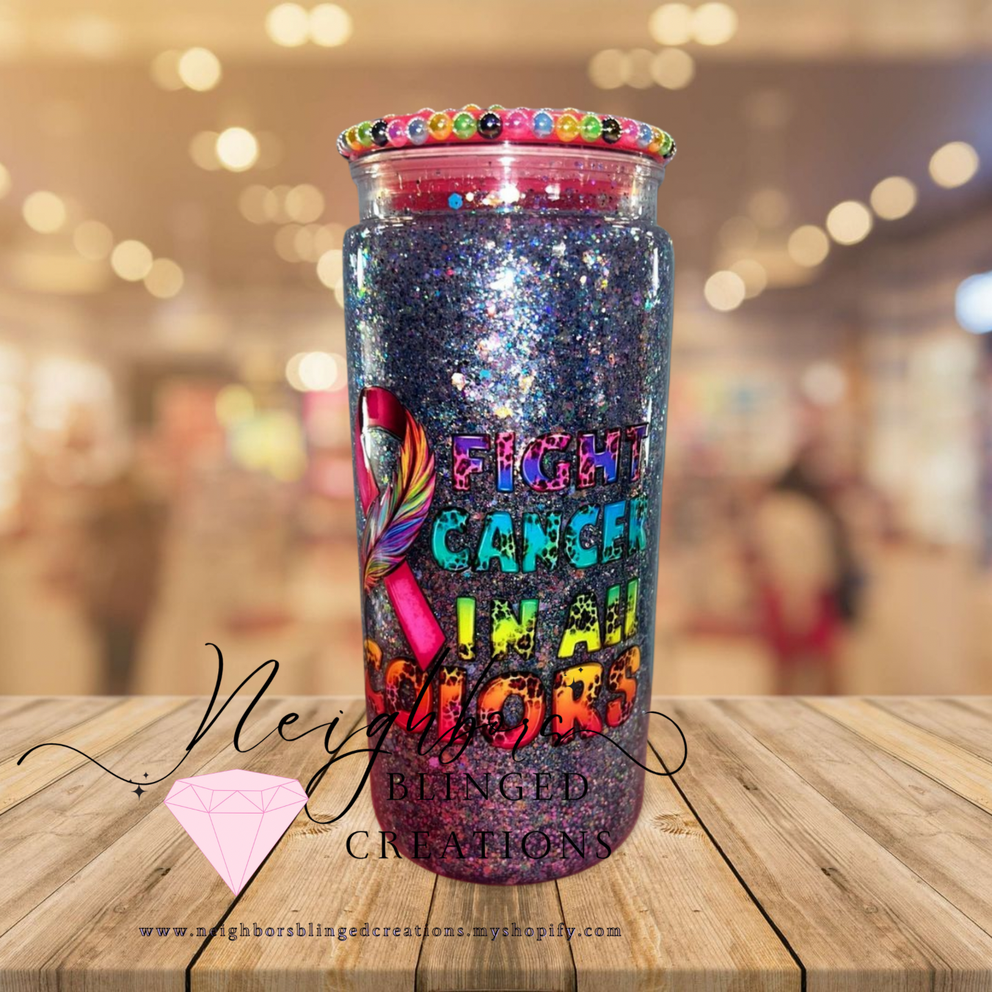 15oz Acrylic Snowglobe W/custom glitter mix Special Edition Cancer Awareness Month