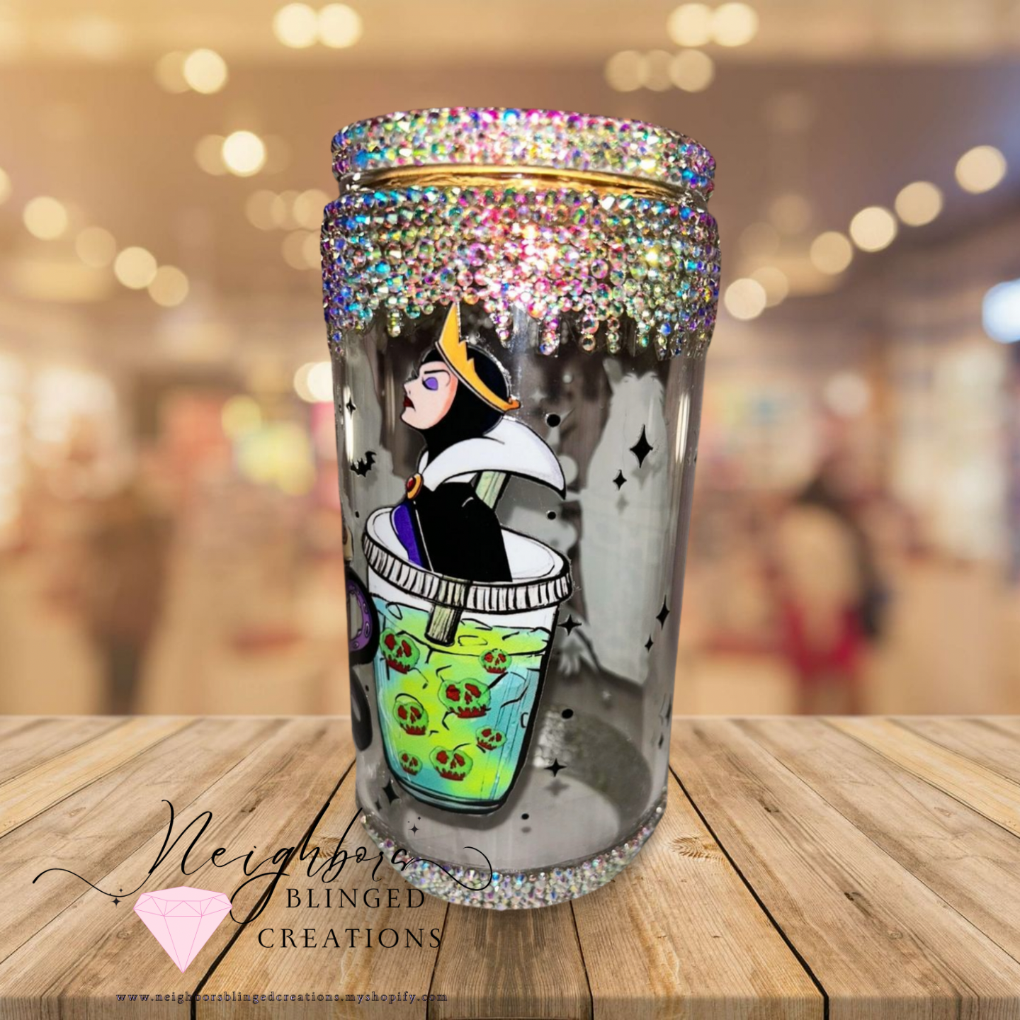 12oz Glass Cup W custom Decal W/Rhinestones