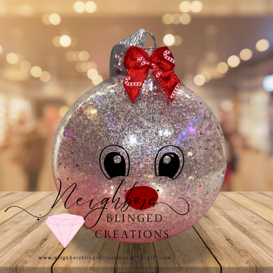 Light Pink  glitter REINDEER CHRISTMAS ORNAMENT WITH CUSTOM BOW AND RHINESTONE