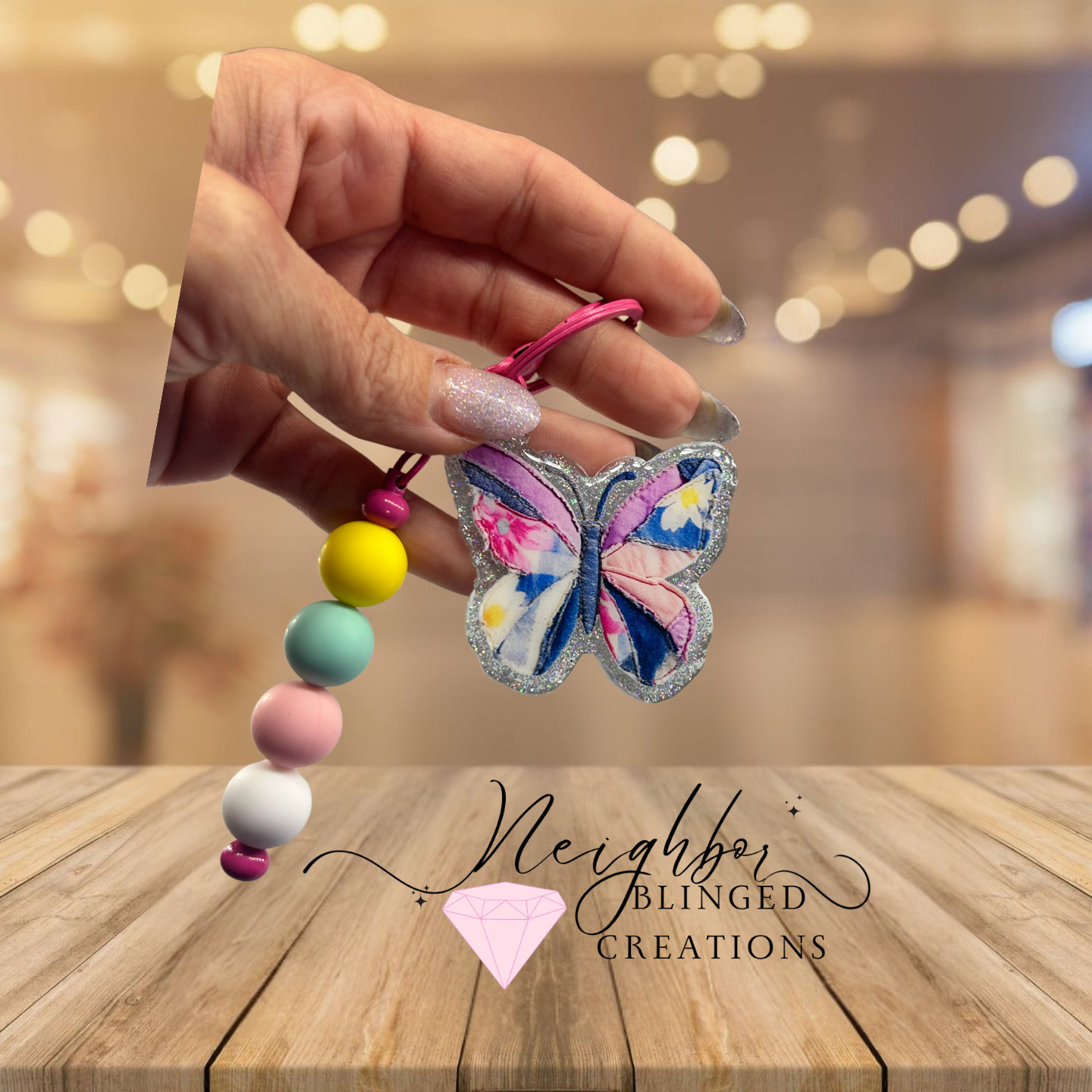 Handmade acrylic keychain - patchwork fabric butterfly with custom beaded keychain decoration
