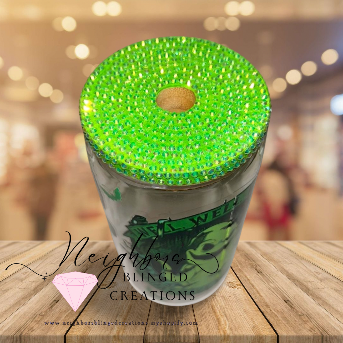 12oz Glass Neon Green Halloween Edition W/Custom bedazzled lid
