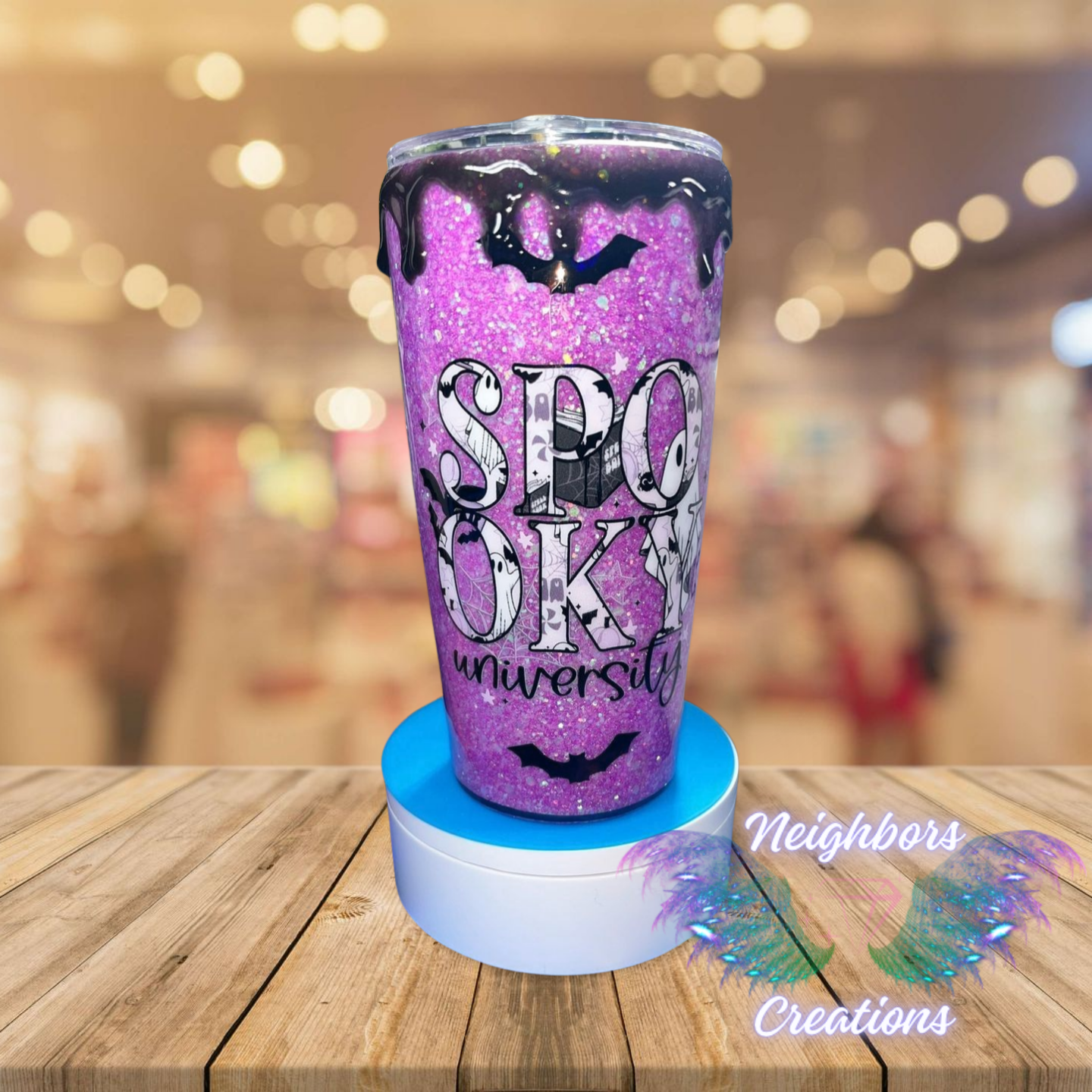20 OZ DBL INS Purple Glittered Spooky University Bats N Ghosts Custom Hand Made Tumbler