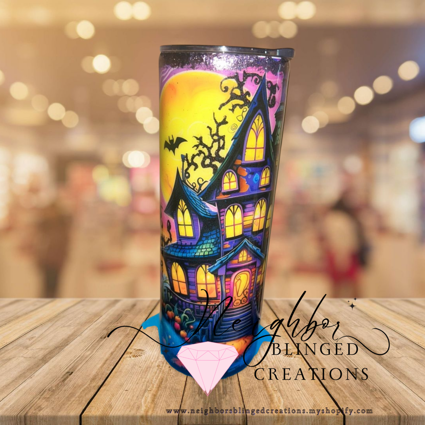 Handcrafted 20 ounce stainless steel double insulated spooky haunted house what’s sparkly trees Tumblr￼