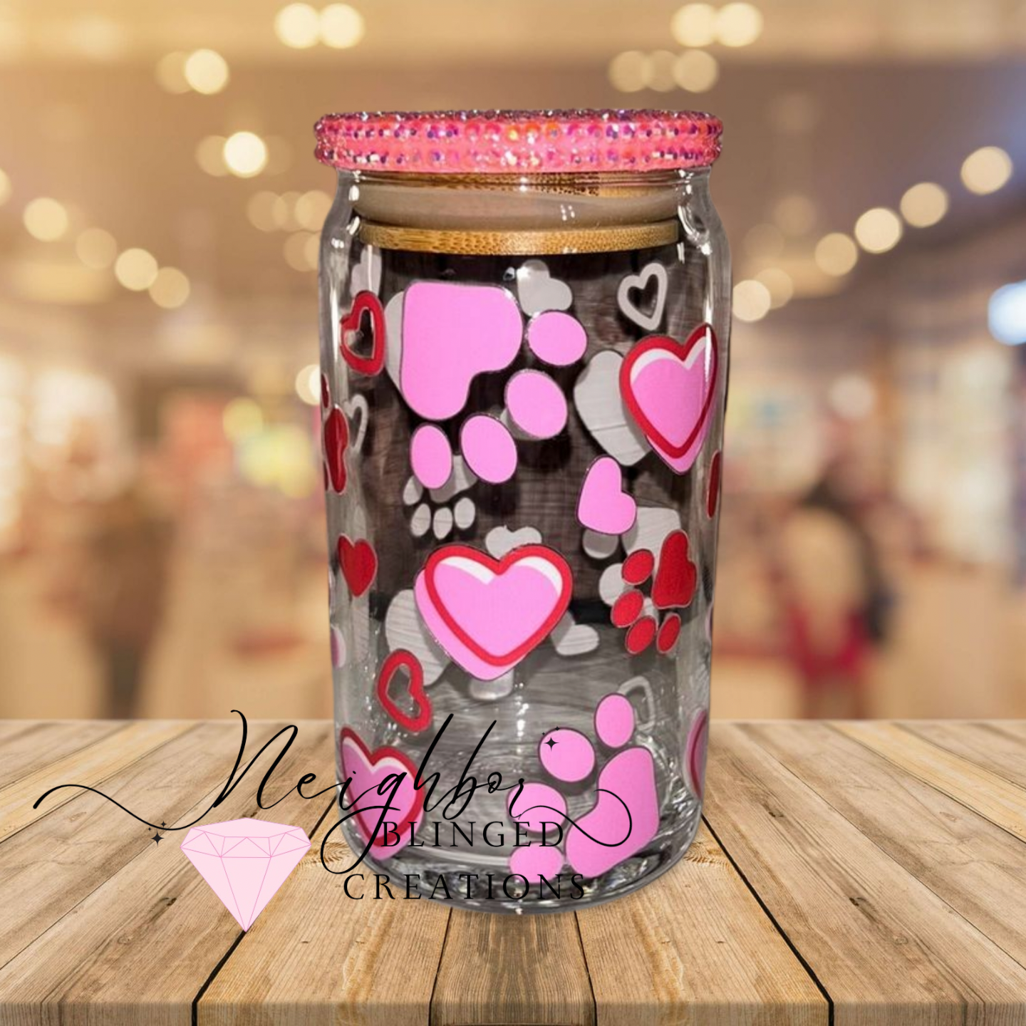 12 oz Glass Valentines Hearts N Dog Paws w Bedazzled Lid