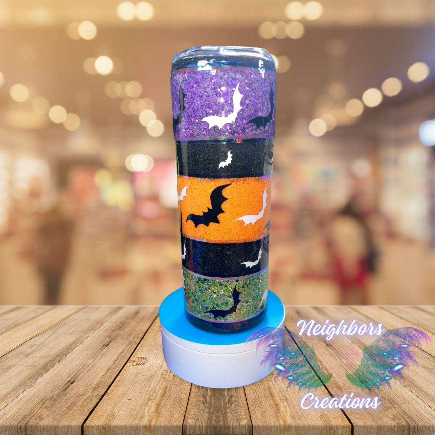 20 OZ DBL INS - Purple, Orange N Green - Colored Glittered Happy Halloween Bats Tumbler