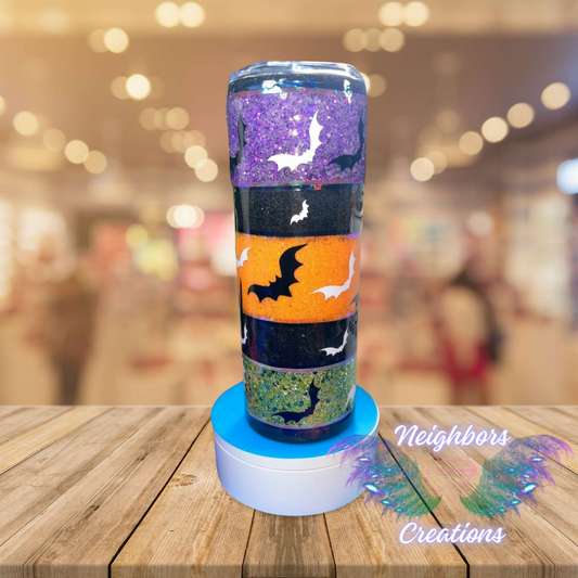 20 OZ DBL INS - Purple, Orange N Green - Colored Glittered Happy Halloween Bats Tumbler