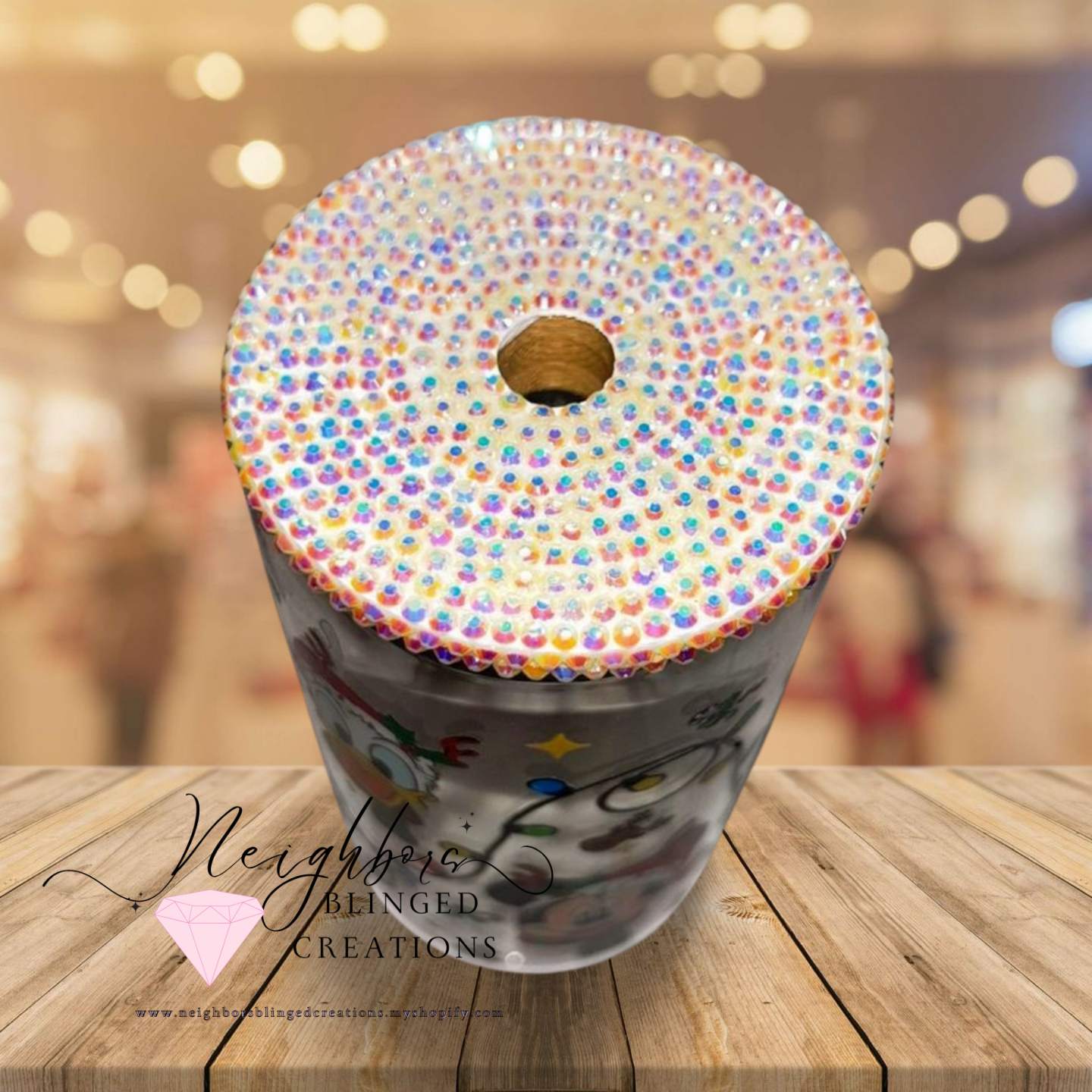 12oz Glass Christmas Edition Cup W/ custom bedazzled lid