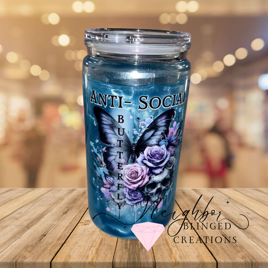 15oz Snowglobe Acrylic Cup with Plastic Acrylic Lid & straw : ANTI SOCIAL BUTTERFLY