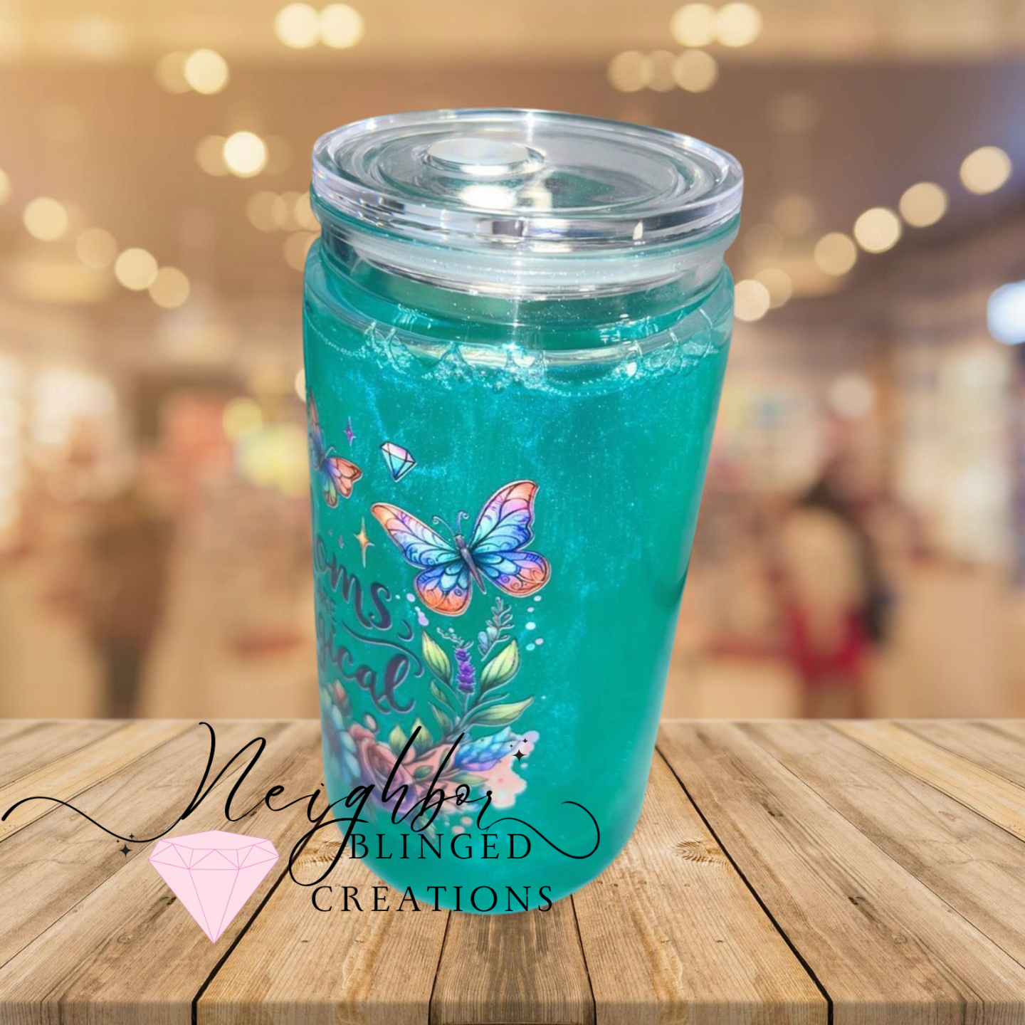 15oz Snowglobe Acrylic cup with Acrylic plastic lid. MOMS ARE MAGICAL