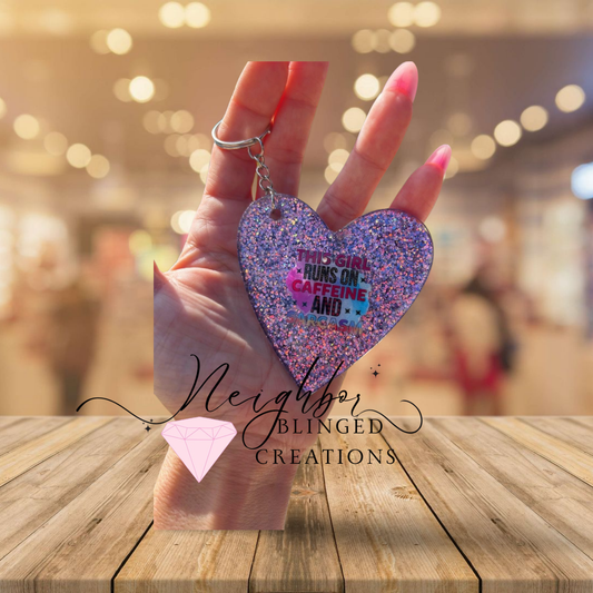 Acyrlic Heart with purple glitter - This Girl Runs on Caffeine & Sarcasm Keychain