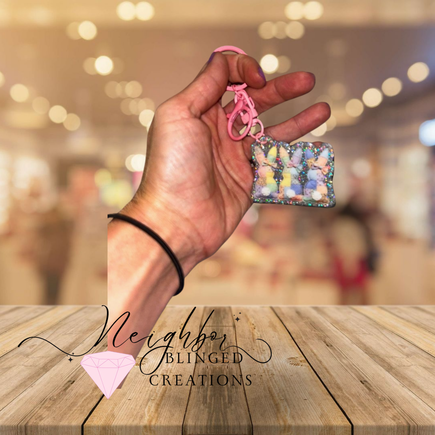 Acrylic Glittered TRIO Spring Bunnies Keychain
