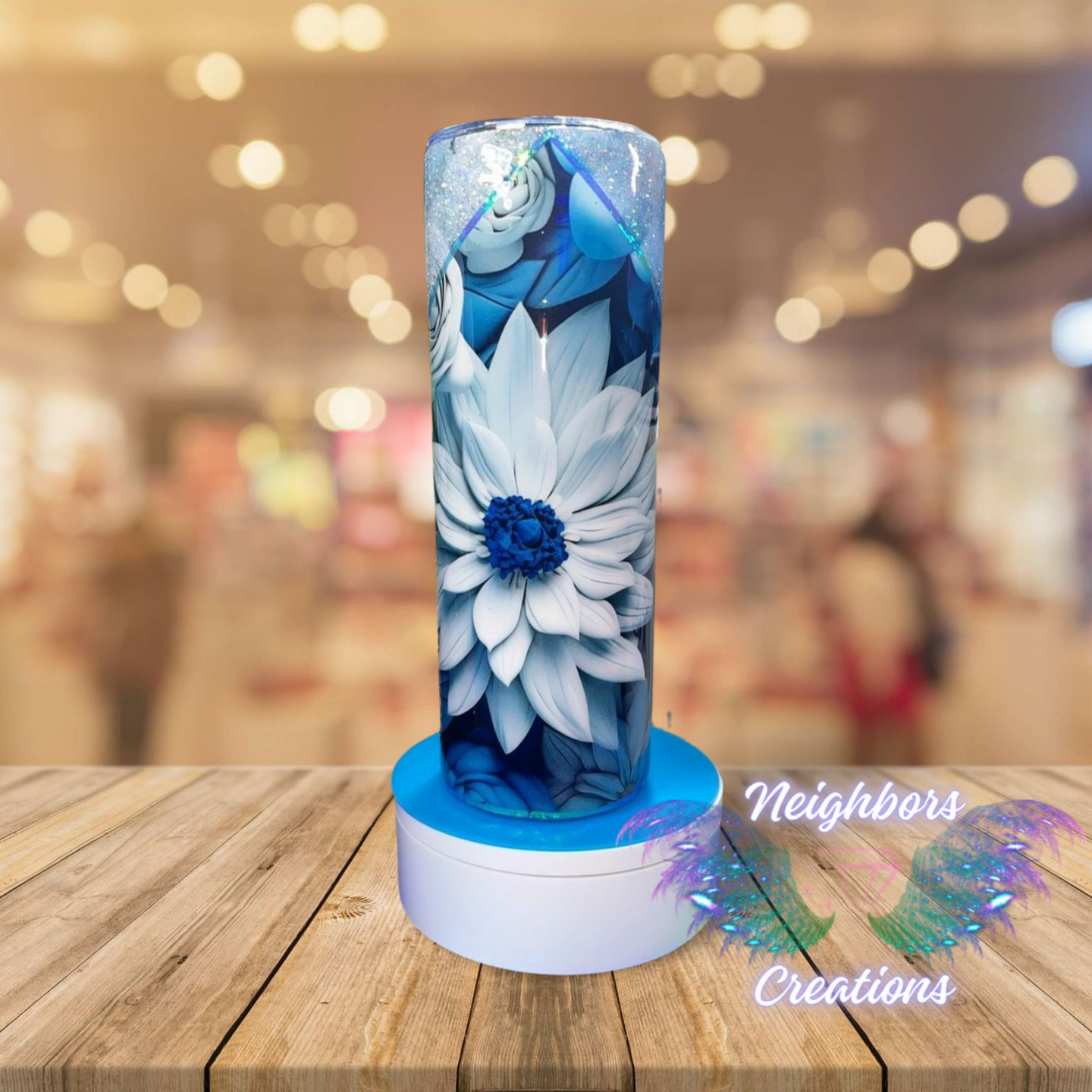 20 OZ Blue Floral Glittered V Split DBL INS Tumbler