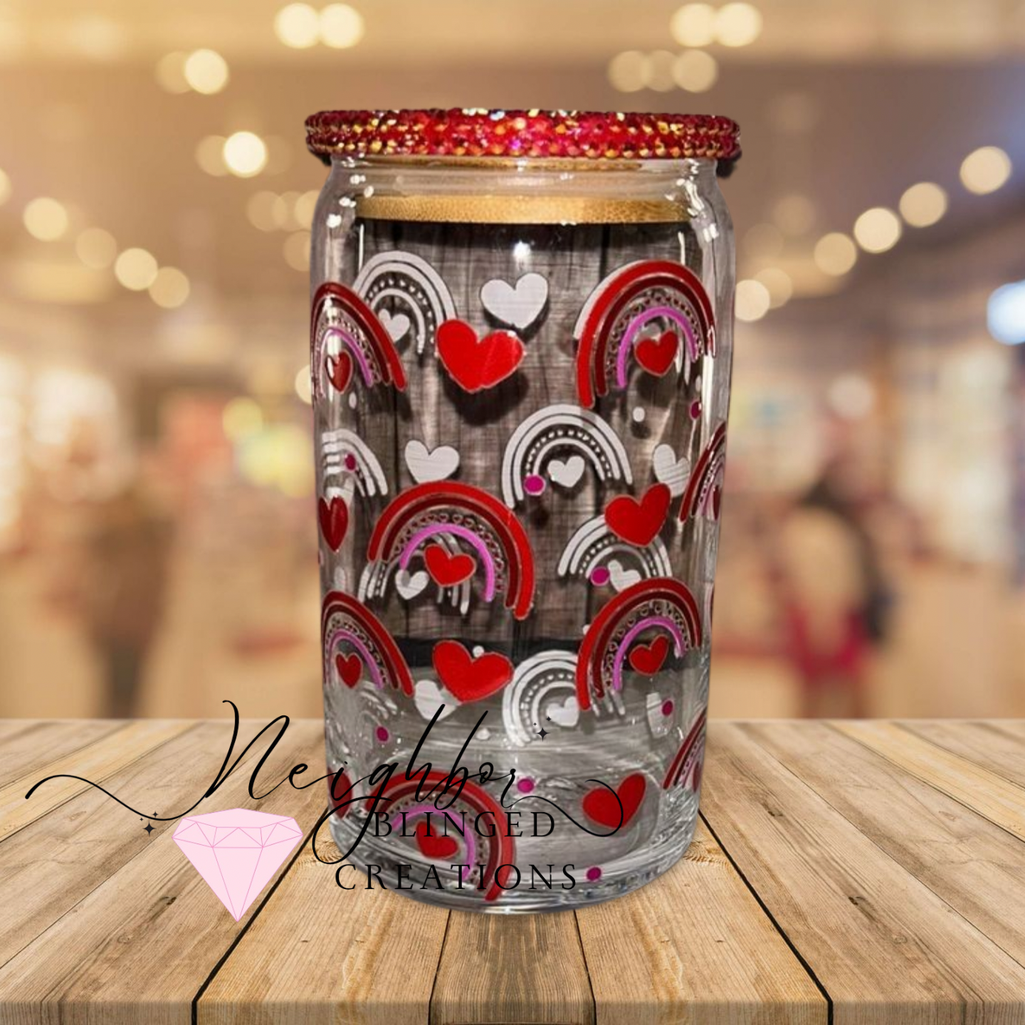 12 oz Glass Valentines Hearts N rainbows w Bedazzled Lid