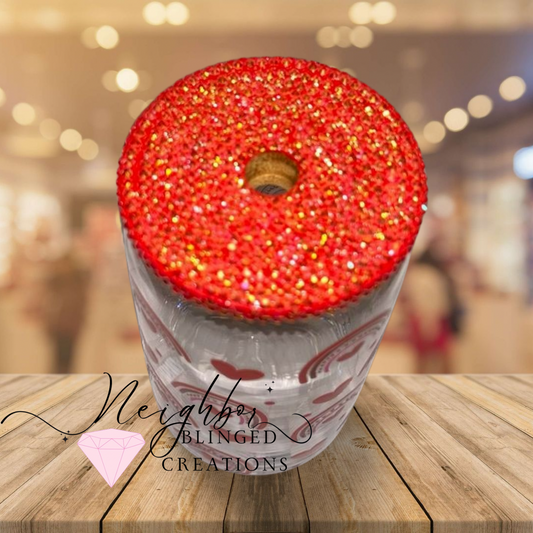 12 oz Glass Valentines Hearts N rainbows w Bedazzled Lid