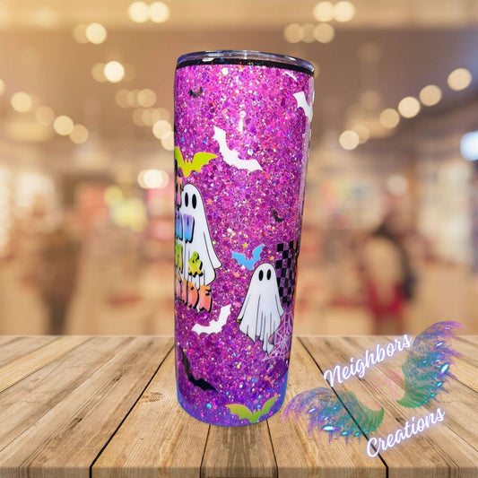 20 OZ Full Pink Glittered Ghost Spooky N Cute Halloween Tumbler