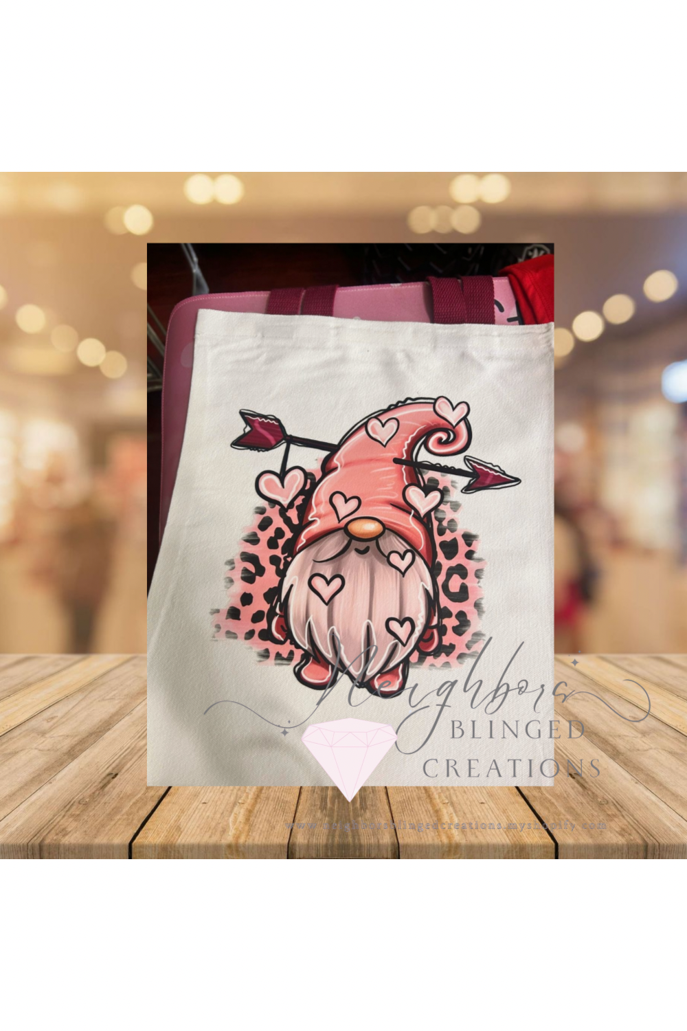 Customizable tote bag - pink and red valentine gnome