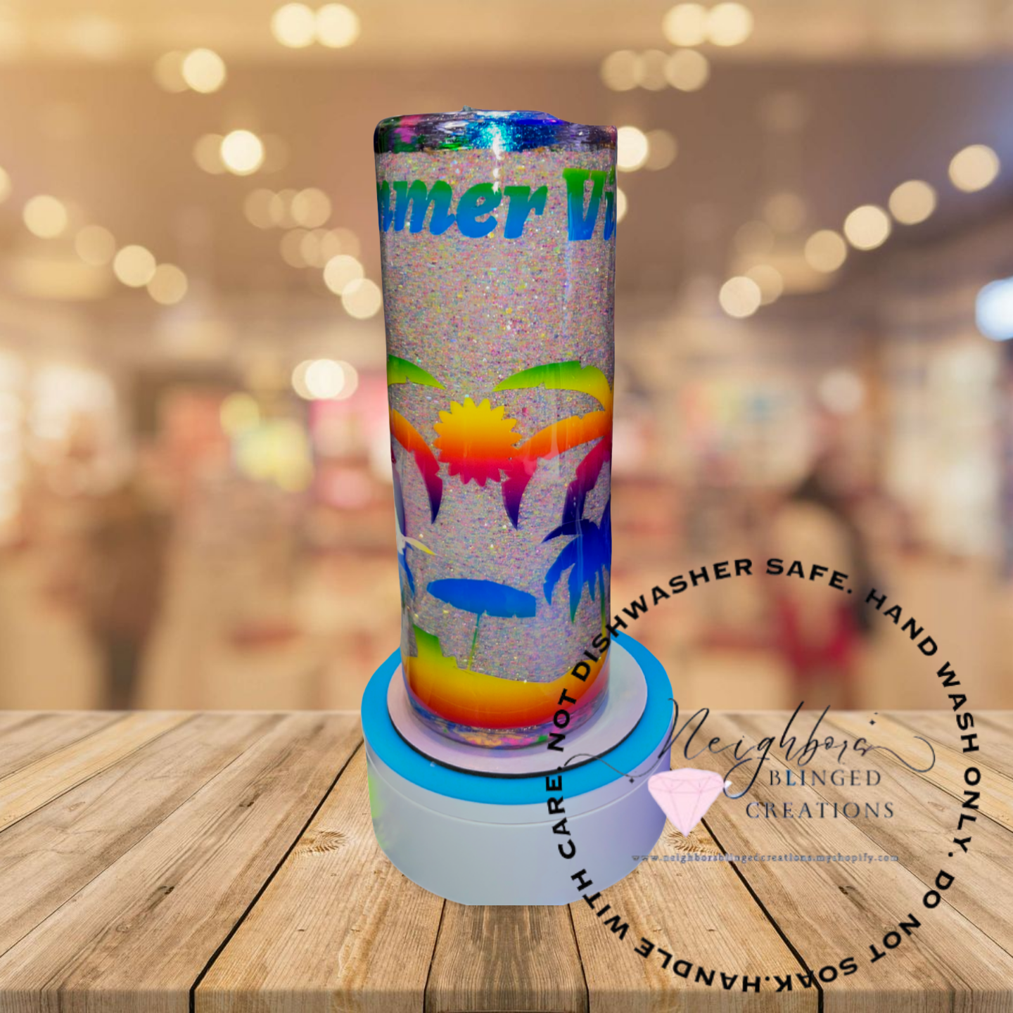 #5 - 20oz Full Neon Glittered Summer Vibes Sandy Beach themed Tumbler